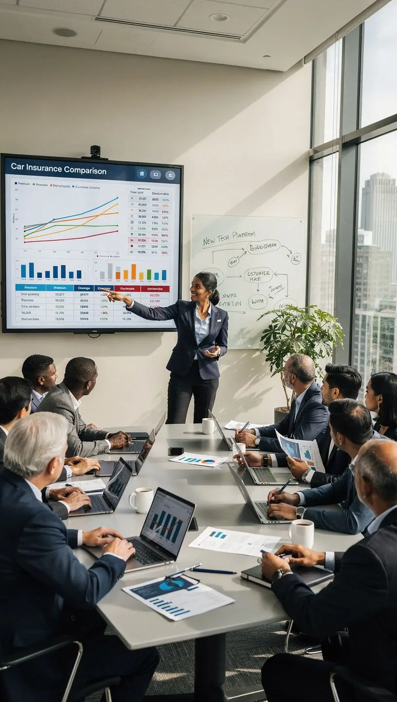 Grupa ludzi analizujących różne oferty ubezpieczeń na spotkaniu